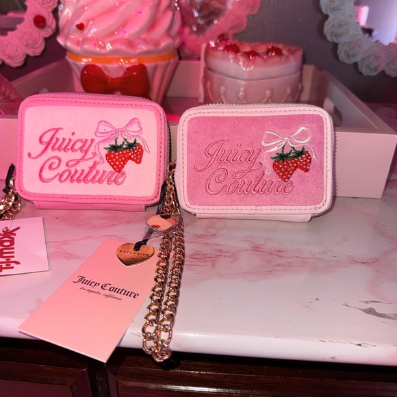 Juicy Couture (2) RETRO Strawberry Mini CC Zip Around Wallets with Gold Chain - Picture 4 of 9